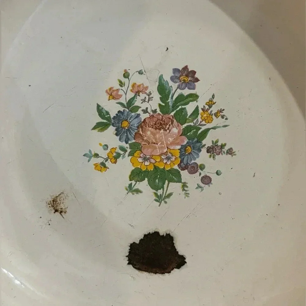 Vintage White Floral Metal Wall Basin with Multicolor Bouquet